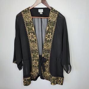 Chico's Silk Sheer Embroidered Kimono Womens 2 Large Black Beaded Boho Artsy